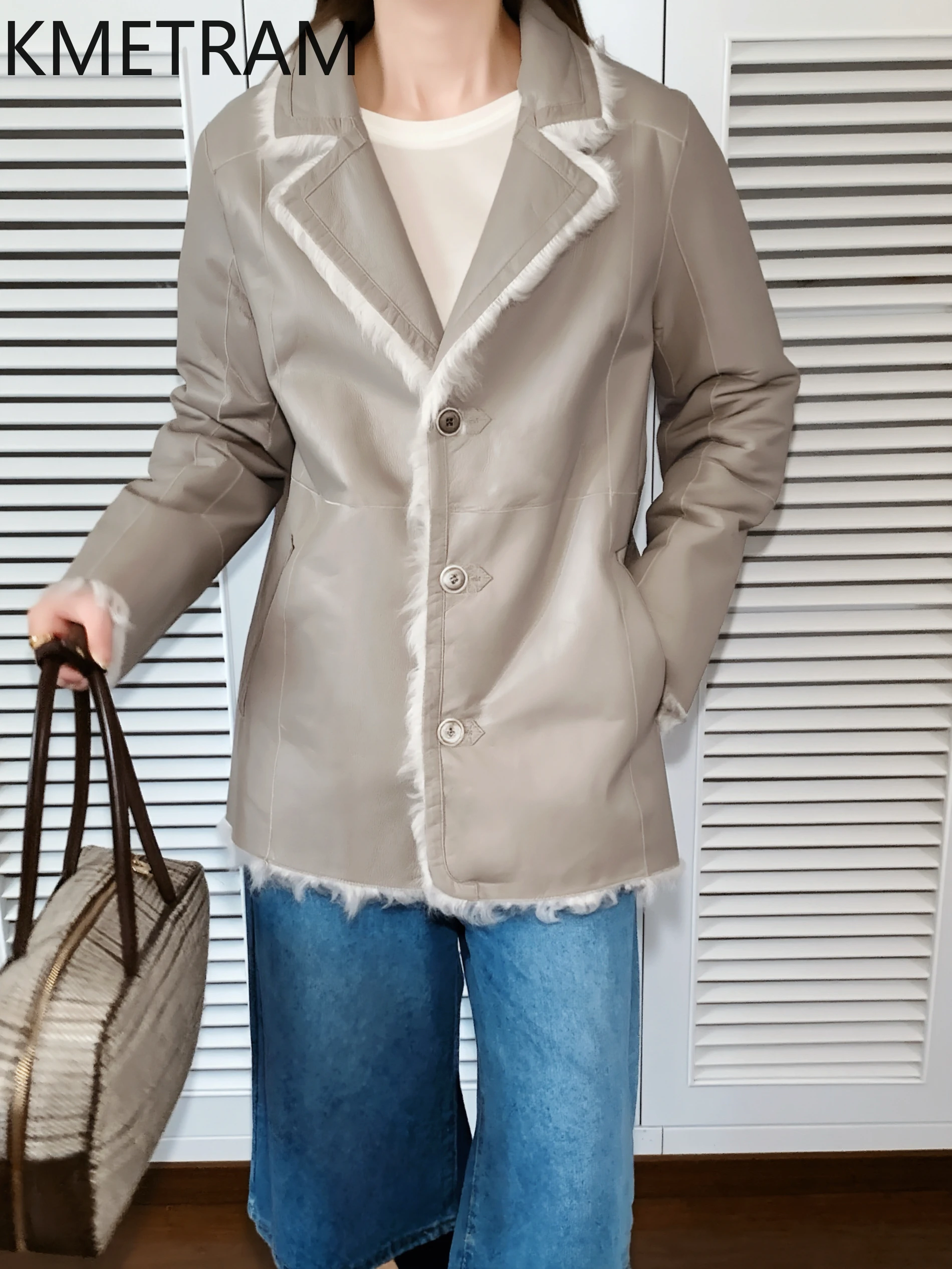 KMETRAM Natural Wool Sheepskin Double Faced Fur Coat Woman High Quality Reversible Real Fur Suit Jacket 2025 Winter Clothes шуба