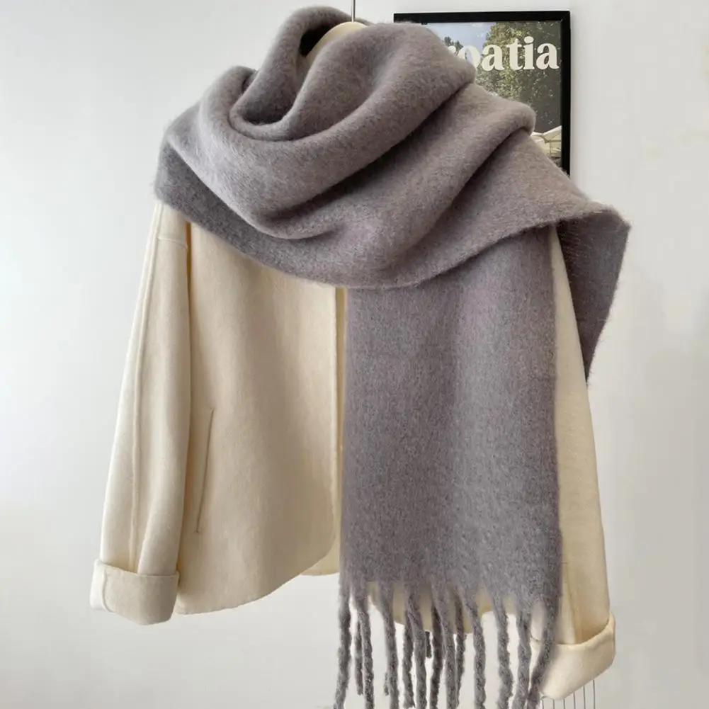 Women Winter Solid Color Scarf Tassel Trim Imitation Cashmere Thick Shawl Elegant Large Long Warm Scarf Fashion Accessories