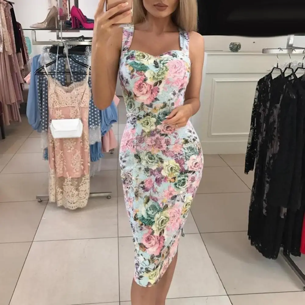 Suknia wieczorowa kwiat róży w stylu Vintage damska sukienka Bodycon Midi bez rękawów z kwiatowym nadrukiem sukienka do klubu bawełniana letnia
