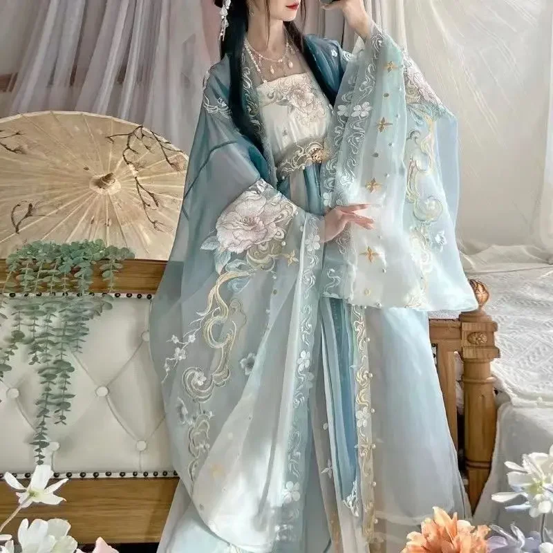 Hanfu chinois pour femmes, thé blanc, jupe Hezi, rapIndustry, impression de broderie, nickel é, robe de performance super importante