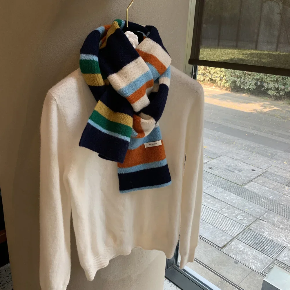 100% Wool Scarf Autumn and Winter Contrasting Colors Rainbow Stripes Knitted Warm Shawl Korean Atmosphere Versatile Scarf