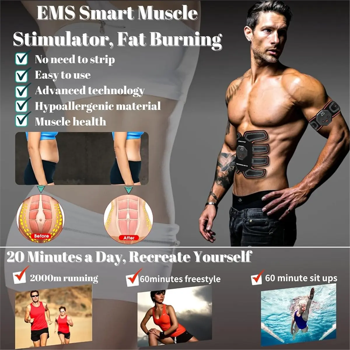 A06R Trainer Muscle Stimulator EMS Muscle Stimulator Electric Abdominal Muscle Toner 10 Modes & 20 Intensities