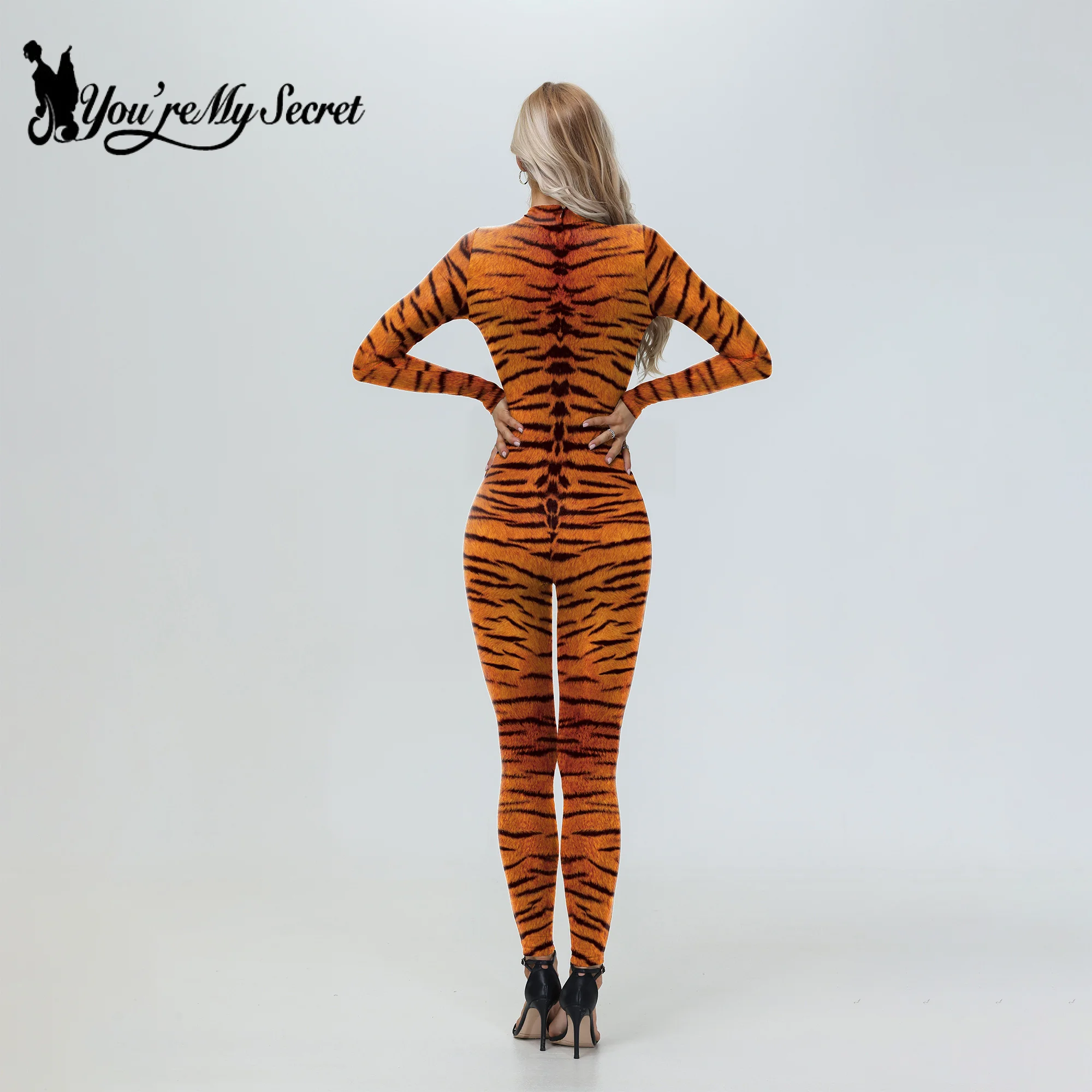 [You\'re My Secret] Adult Women Animal tiger Print Dress Up Bodysuit Halloween Purim Carnival Party Disguise Cosplay Costumes