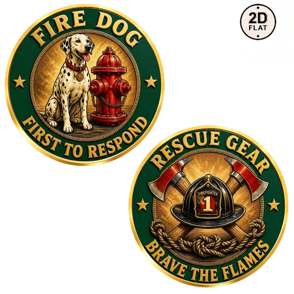1pc Fire Station Dalmatian Fire Dog Challenge Coin 2D Print Fire Department Collectible Medal Fire Service Gift for Firefighter