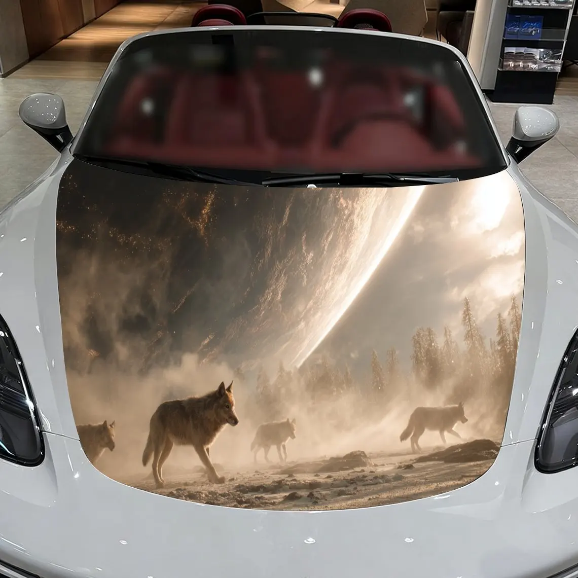 شارات السيارة حزمة الذئب في الخيال العلمي - المناظر الطبيعية الضبابية المستوحاة من Fi مع مشهد الجسم السماوي خلق ملصق غطاء السيارة، مقاوم للماء الذاتي