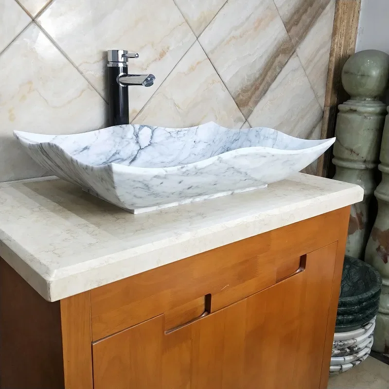 Snow white marble table basin, white stone art square basin integrated