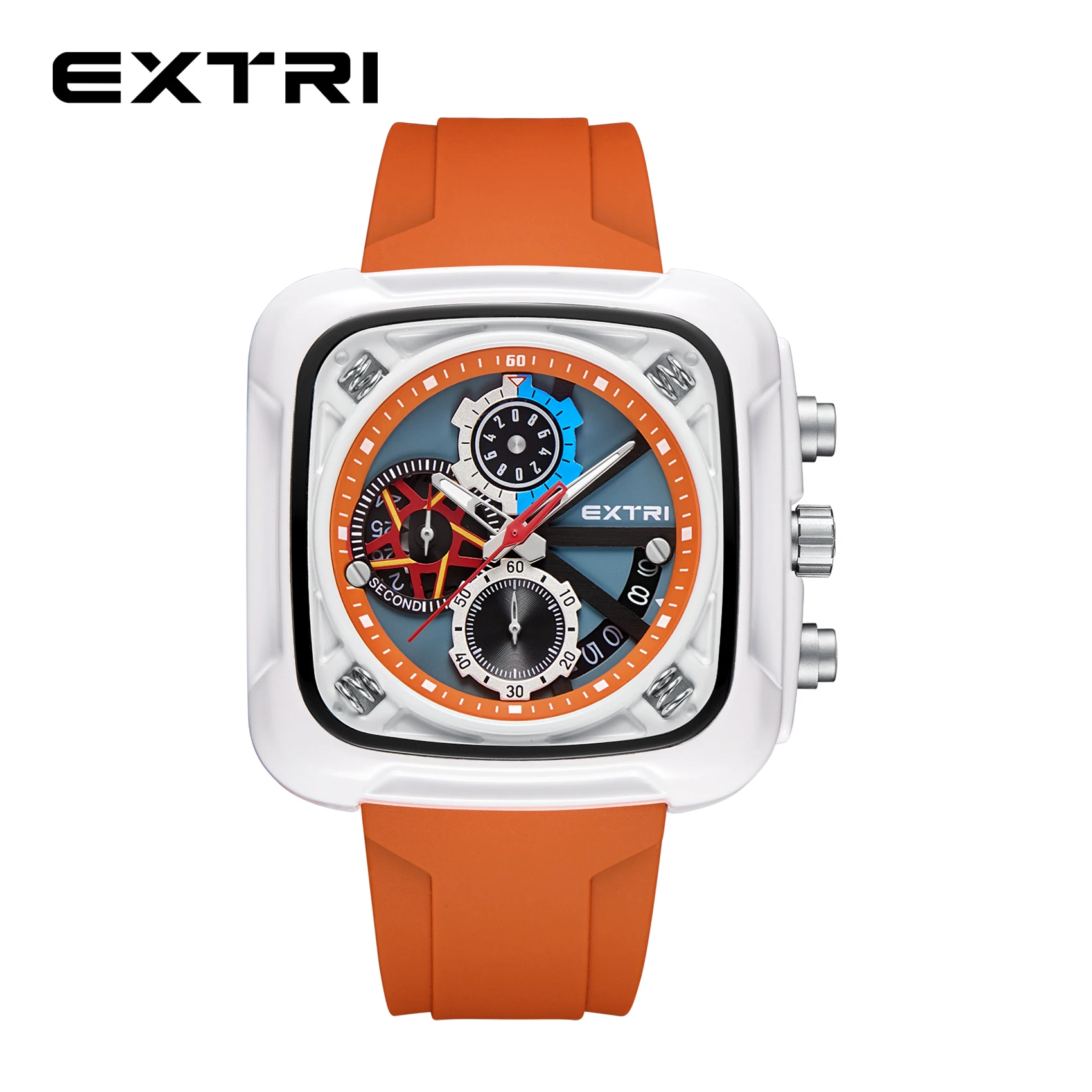 Extri Original Best Dress Watches  Square Men Big Size Orange Strap Unique Design Multifunction Watches for Men White