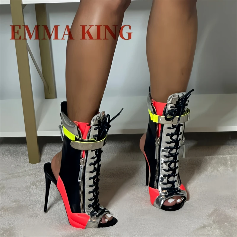 

Sport Peep Toe Bootie Pointed Toe Stiletto Side Zipper Short Boots Lace-up Style Patchwork Sandals Banquet Spring Women'S Boots