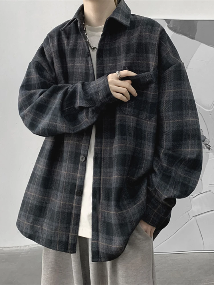 

Retro Japanese Plaid Shirt Men's Spring Autumn Casual Outerwear Long Sleeve Woolen Shirt Trendy Brand Male Top Clothes