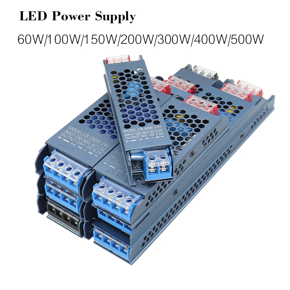 Alimentatore LED ultrasottile 60W 100W 150W 200W 300W 400W 500W Driver LED AC 110-240V Convertitore trasformatore per striscia LED 12V 24V
