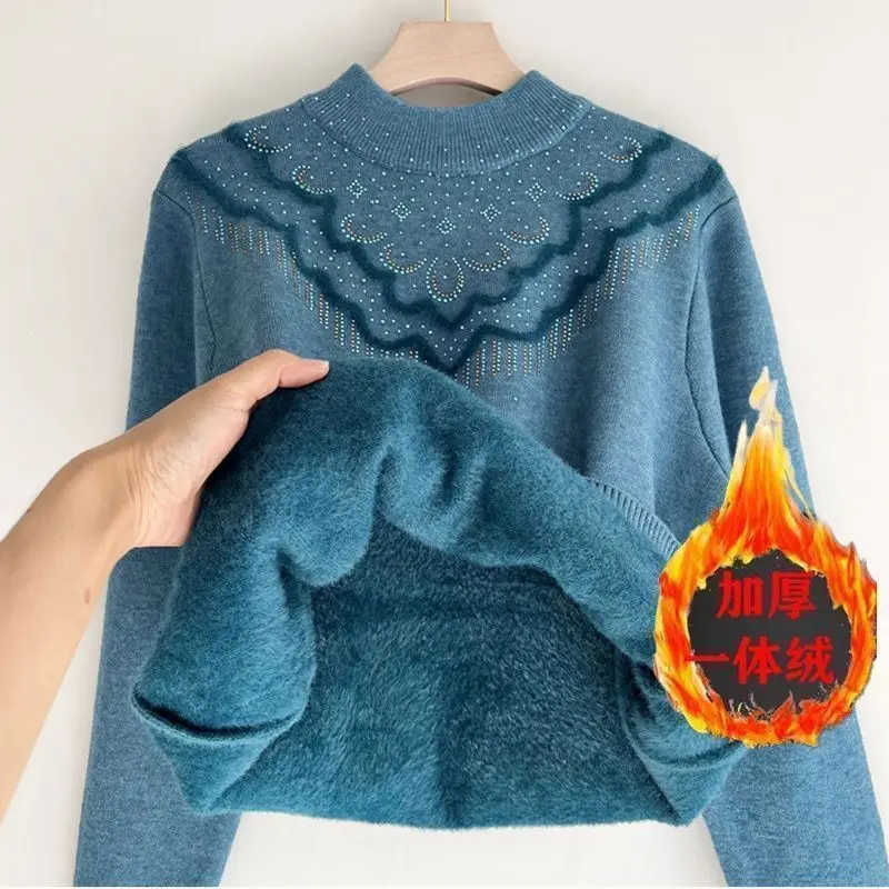 Damski sweter polarowy zimowy, gruby, zintegrowany polar, luźny sweter dla mamy, półgolf, dzianinowy, ciepły, do noszenia na dole, bluzka dla seniorów.