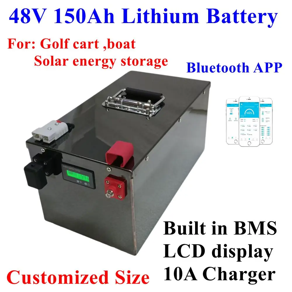 Regchargeable 48v150ah lithium battery with bluetooth BMS for 5000w 9600w golf cart Hybird inverter UPS boat motor +10A charger.