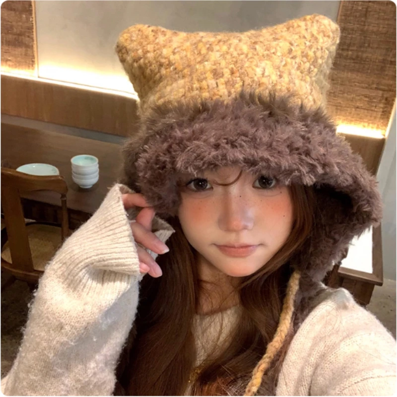 

Милые кошачьи уши, разноцветный вязаный плюшевый пуловер, вязаная шапка для зимы, женские уличные утолщенные теплые шапки-бомберы с защитой ушей