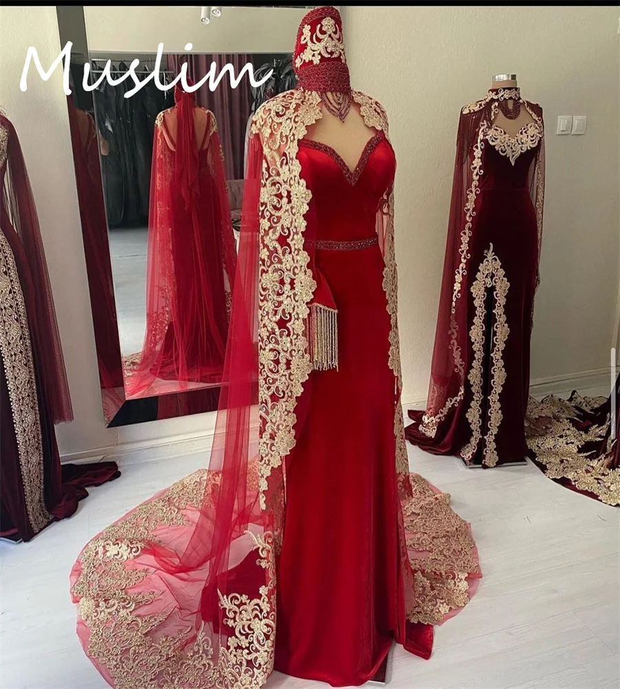 Luxury Saudi Arabic Wedding Dress With Cape Gold Appliques Middle East Kuwaiti Dubai Bridal Gowns With Hijib Moroccan Customized