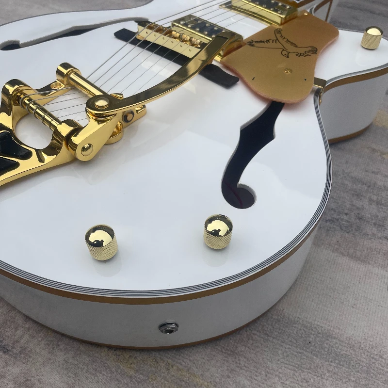 Gloss White Semi Hollow Jazz G-6136 Electric Guitar Dual Gold Passive Humbuckers Gold Vintage Tremolo System Free Shipping