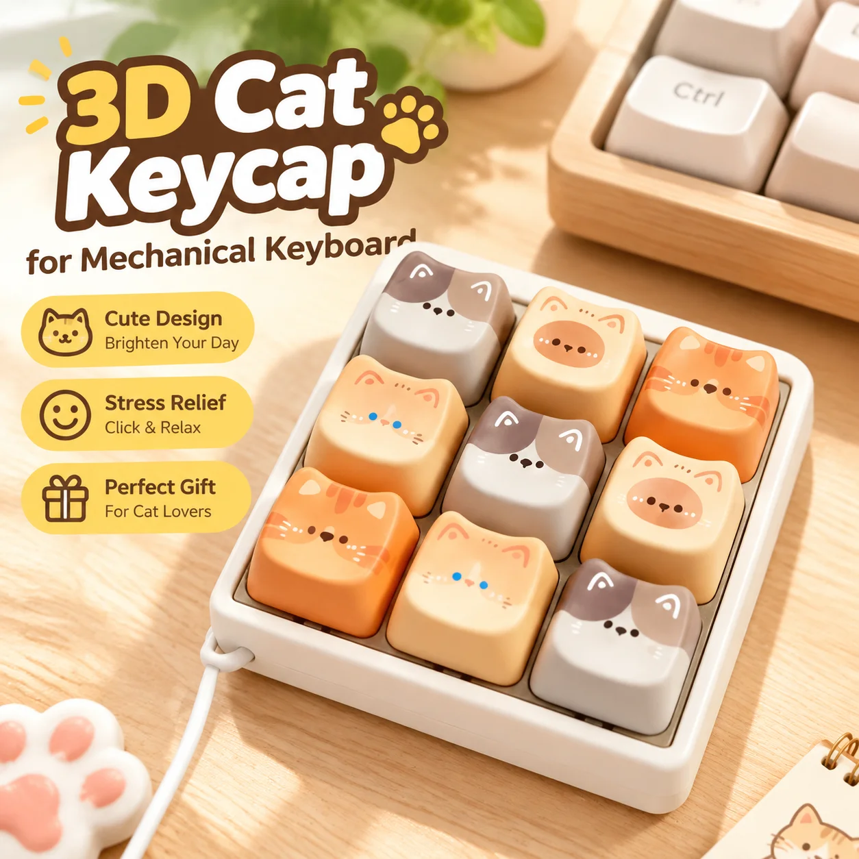 3D Cat Keycap for Mechanical Keyboard, Cute Switch Tester, Stress Relief Fidget Pendant Toy