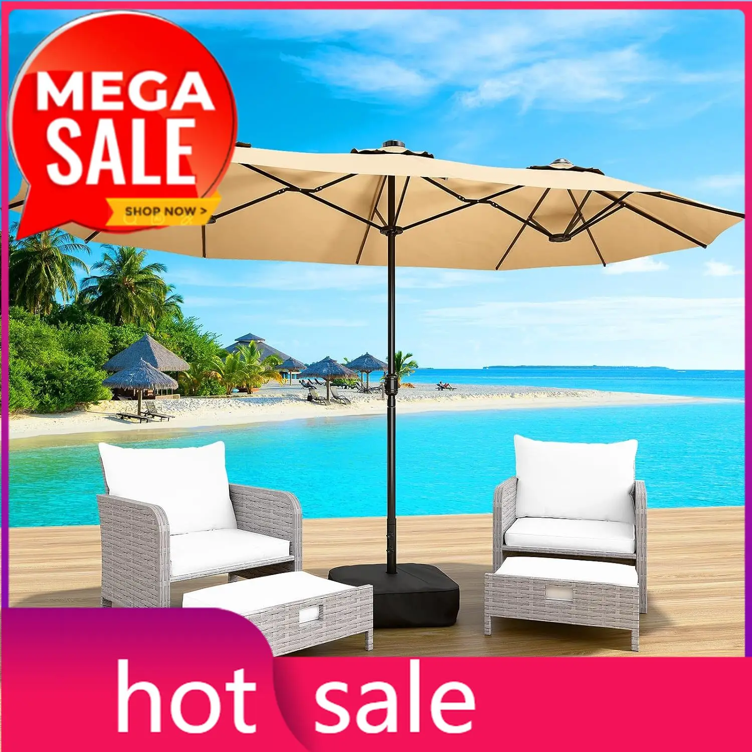 

15FT Double-Sided Patio Umbrella with Base Included, Large Outdoor Rectangular Market Umbrella for Backyard, Poolside, Lawn & Ga