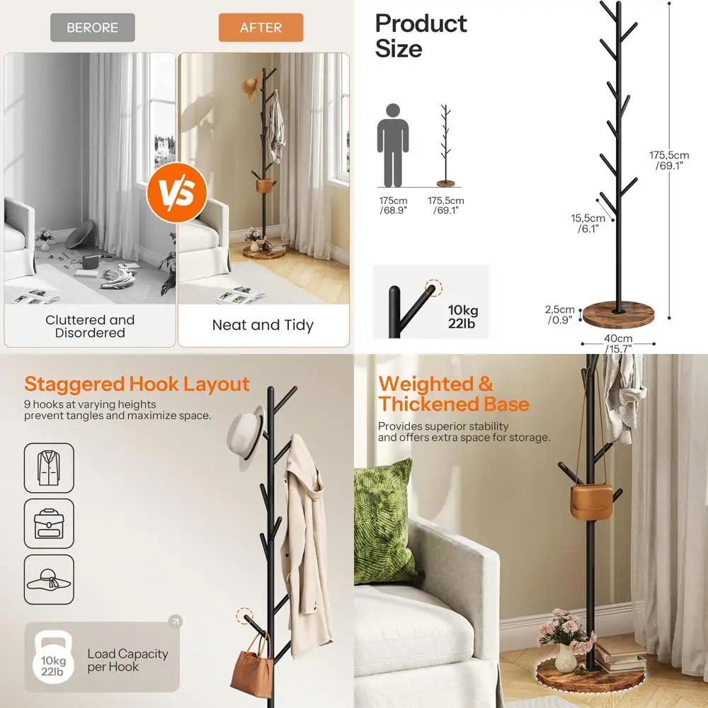 

9-Hook Metal Coat Rack with Wooden Base, Heavy-Duty Entryway Tree, Space-Saving Hanger Stand, Rustic Brown