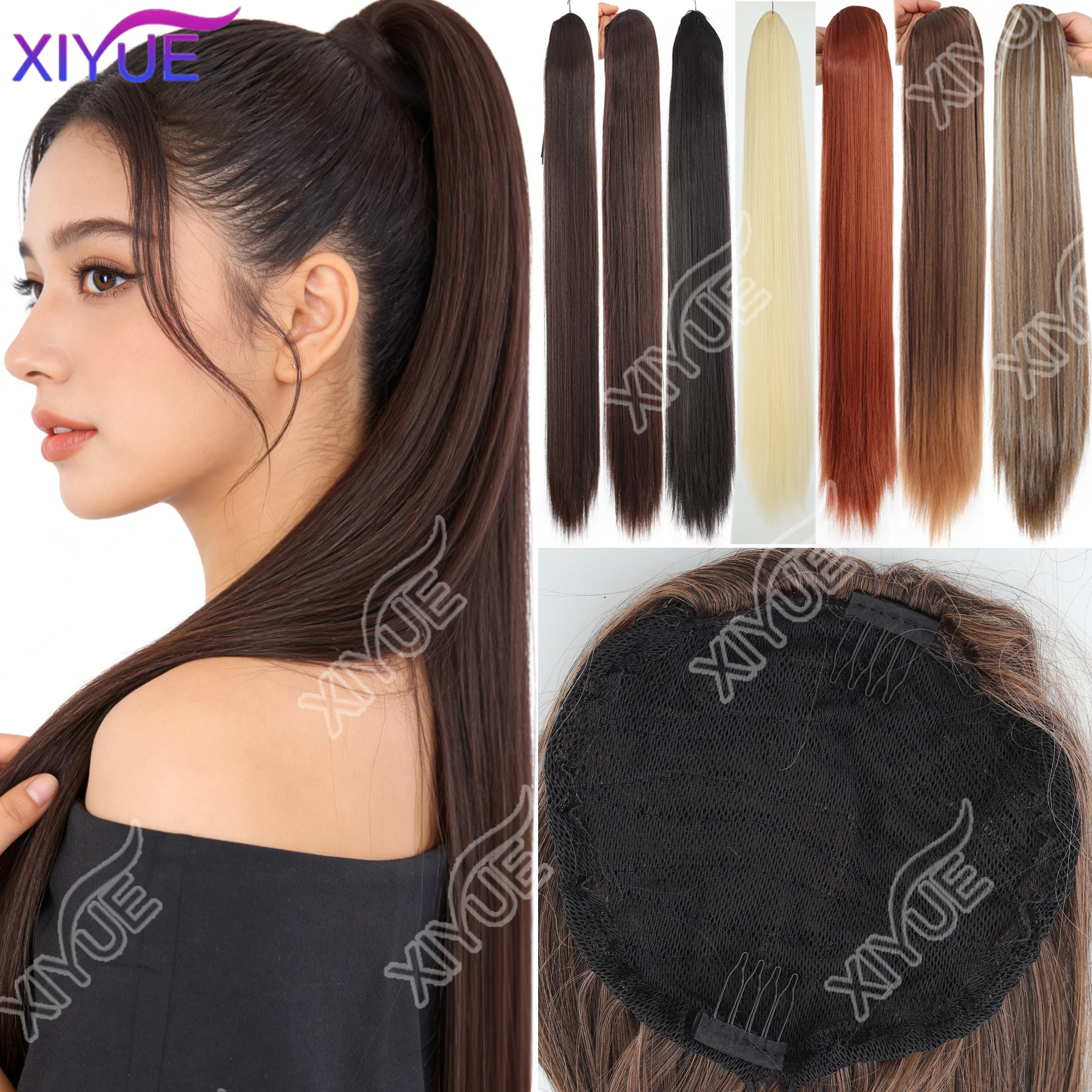

XIYUE синтетический длинный прямой хвост на шнурке для женщин на заколке для наращивания волос черный блондин натуральный искусственный шиньон