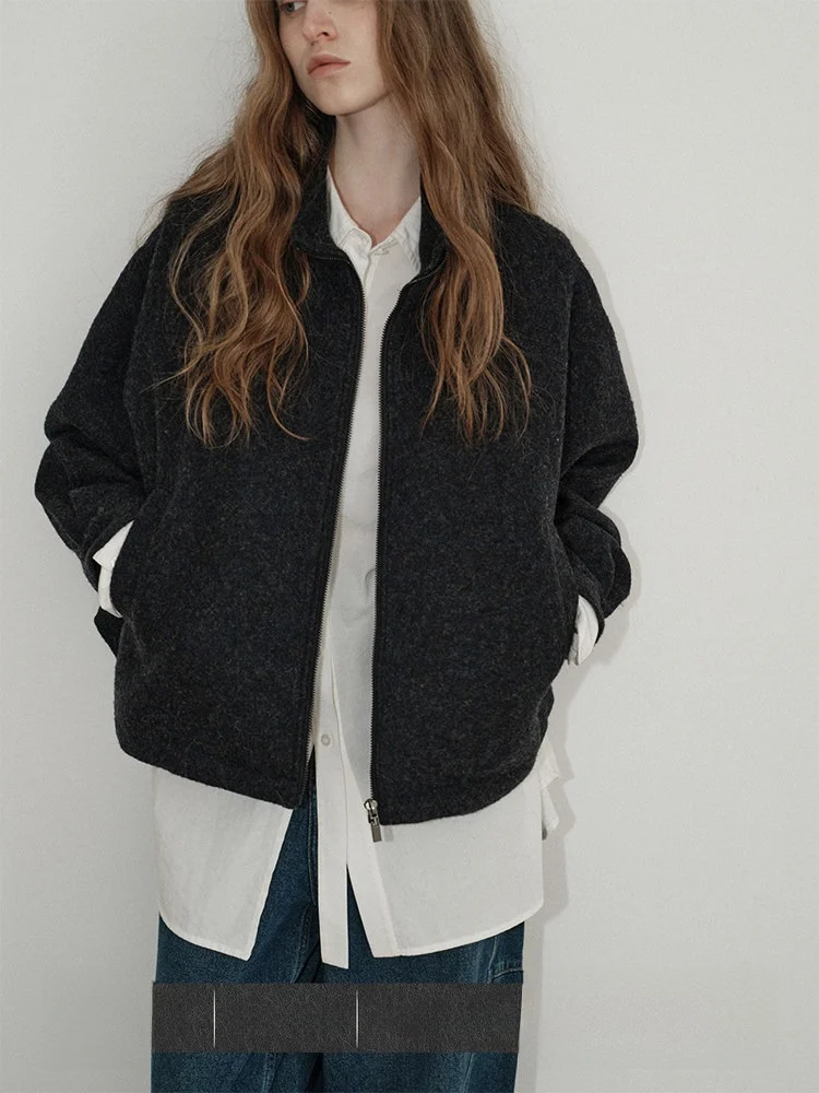 

Veega Chic 00% Wool ort Jaet Stand Collar Mixed Color Royal Blue Box ape Women's Faion Outerwear Winter Season