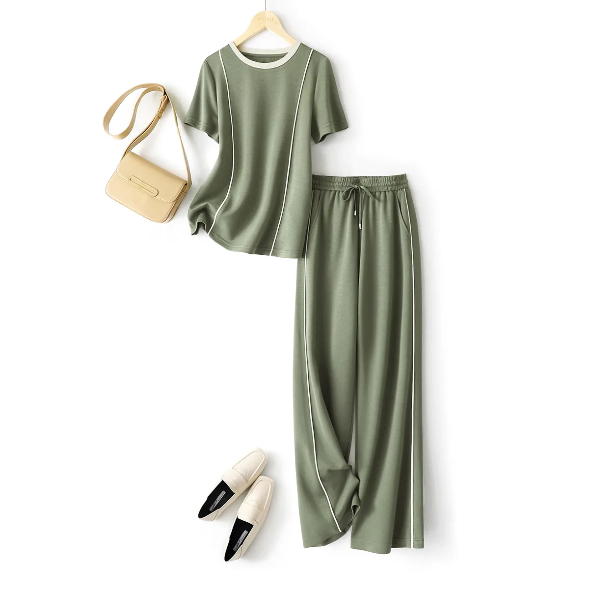 

New Breathable Casual Women's Tracksuit Summer O-neck Short Sleeve Contrast Color Slim Top + Wide Leg Pants Sports 2 Piece Set