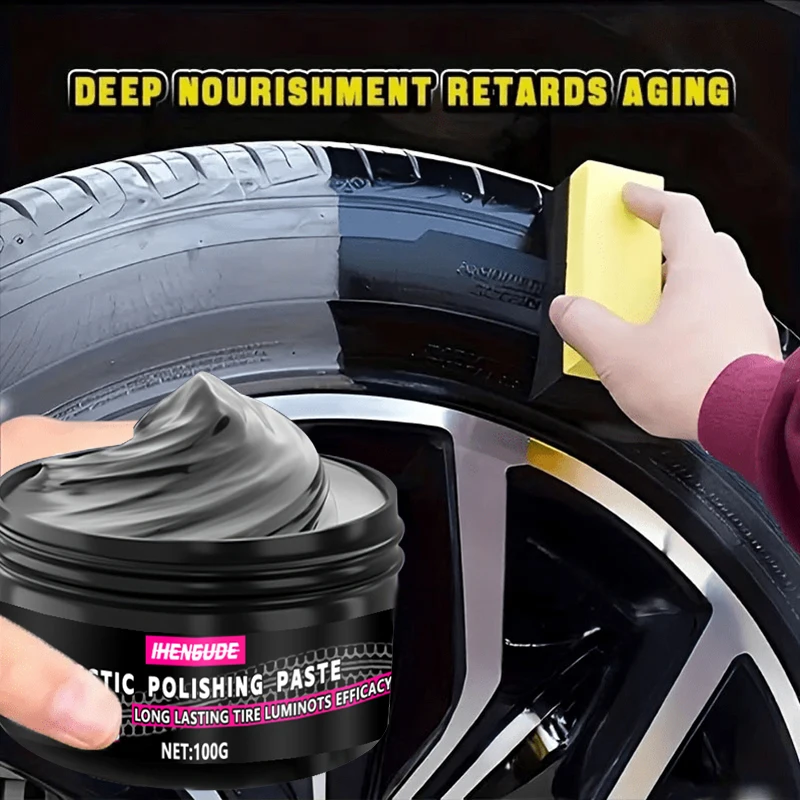 1 Piece of 100g Black Tire Wax Polish, Equipped with a Sponge Applicator, Suitable for Repairing Rubber and Plastic, Provides Long-Lasting Shine, Suitable for Stripes, Vinyl, and Car Rims, Prevents Fading and Renews Appearance