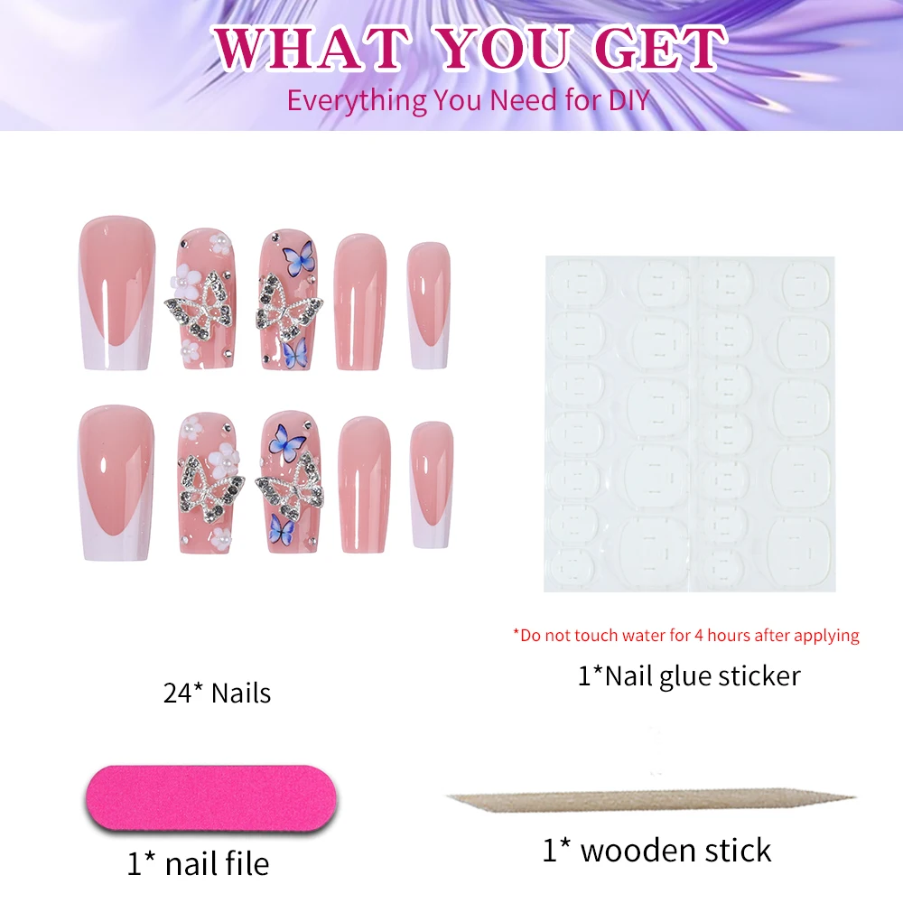 Get Glamorous with, 24 Uds. De mariposa de aleación 3D, cuadrado, blanco, acrílico francés, puntas de uñas, flor 3D con perlas de diamantes de imitación