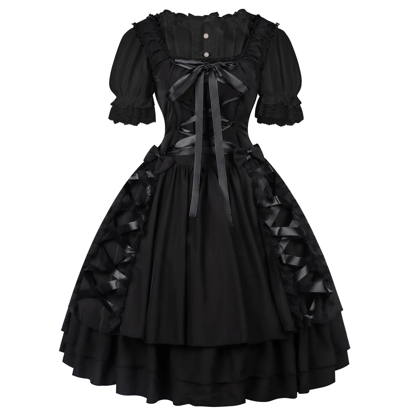 طقم تنورة منتفخة مطوية داكنة اللون بأسلوب العصور الوسطى والستيم بانك الفيكتوري، زي نسائي تقليدي لأداء المسرح