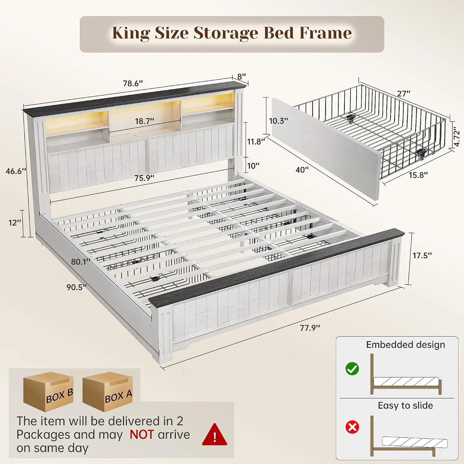 King Bed Frame with Storage Headboard 4 Drawers LED Charging Station Farmhouse Noise-Free No Box Spring White, Custom view 3