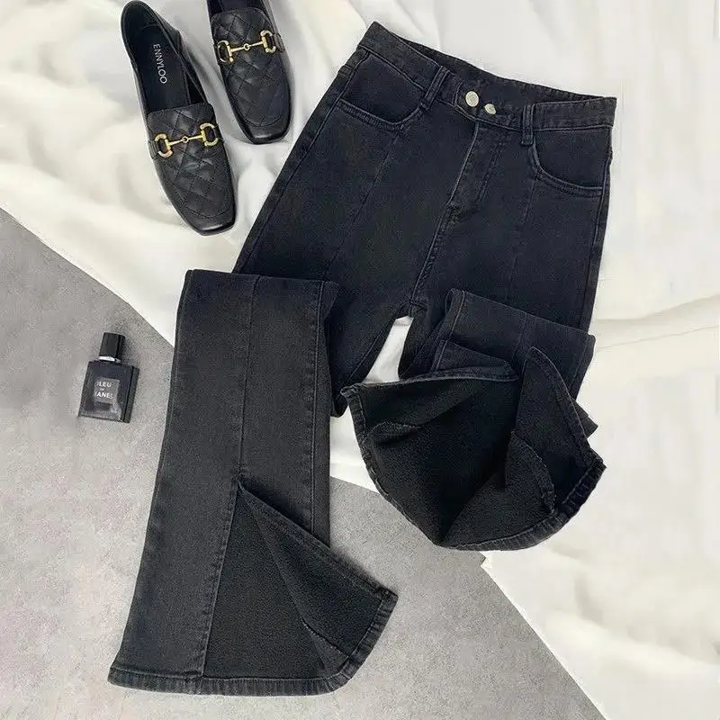 Black Grey Jeans Women's Korean High Waist Design Sense Open Ended Flare Pants Stretch Floor Pants Fashion