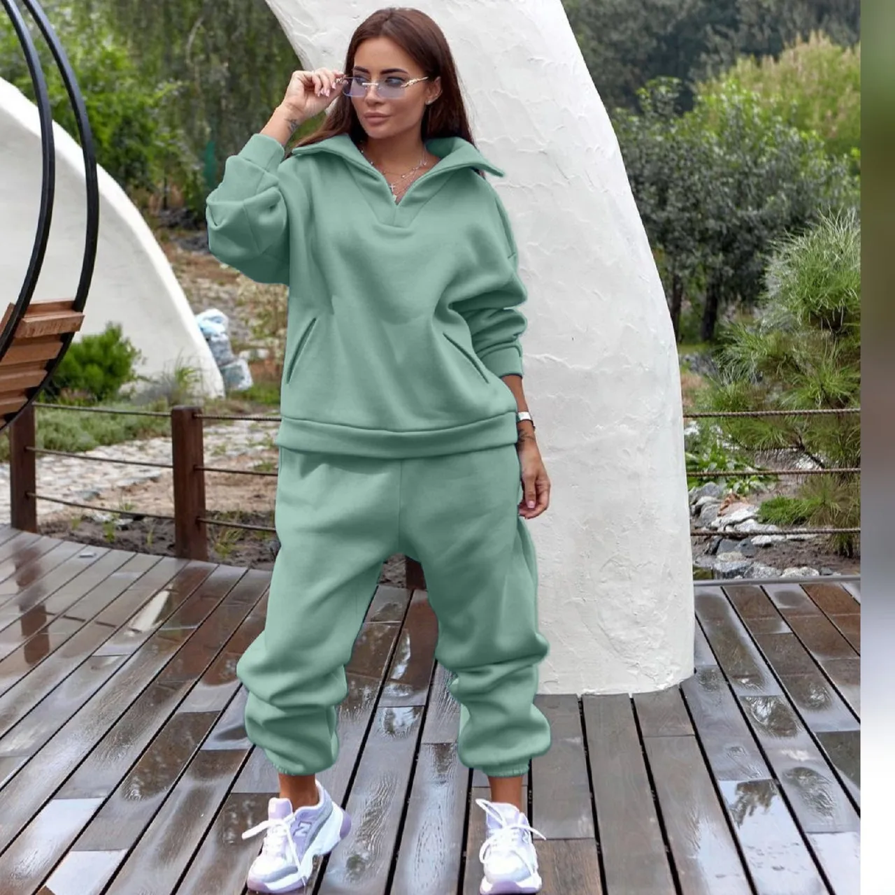 Women Tracksuit Set Plus Fleece Sweatshirts Two Piece Set Autumn Winter Casual Oversized Solid Female Sports Suit Long Pant Suit