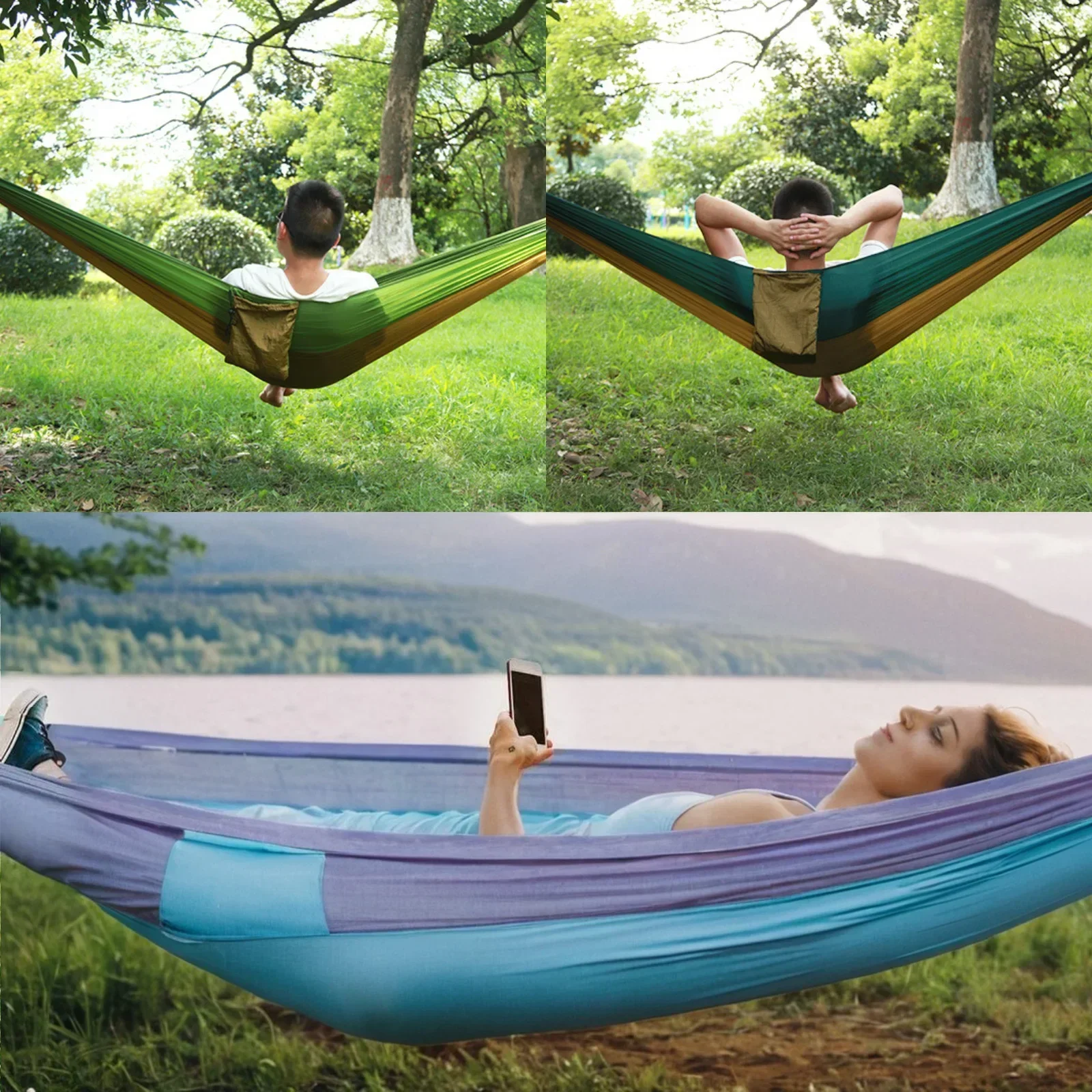 Portable Outdoor Camping Hammock With Nylon Color Matching SingleDual Person Hammock High Strength Parachute Fabric Hanging Bed