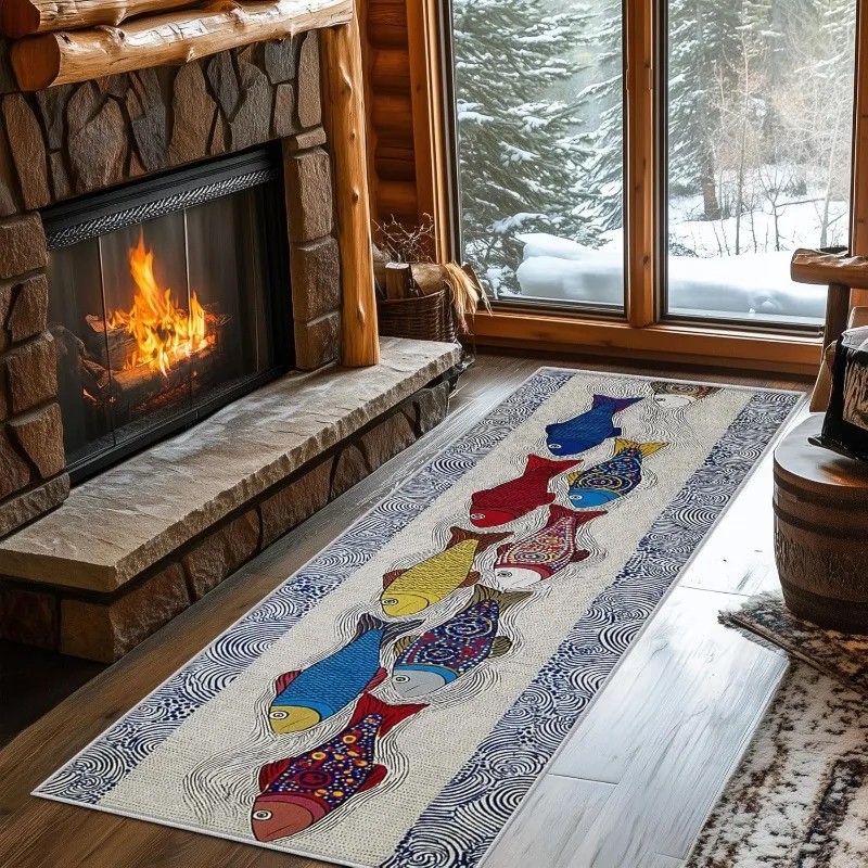 Ethnic Style Fish Pattern Runner Rug Multicolor Cartoon Fish Carpet Wave Pattern Artistic Design Non-Slip Long Mat for Hallway