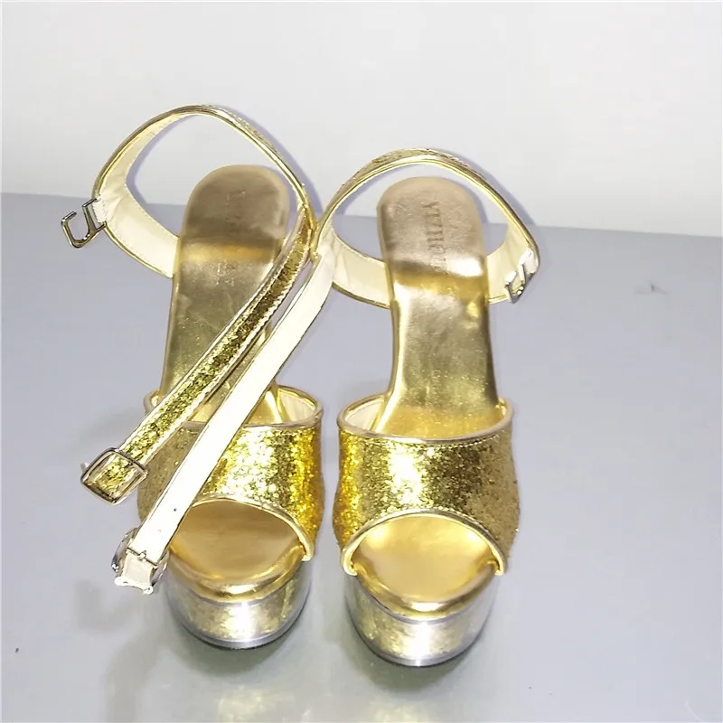 Gold crystal sequined sandal 15cm high heel platform shoe, model banquet 6 inch crystal dance shoes