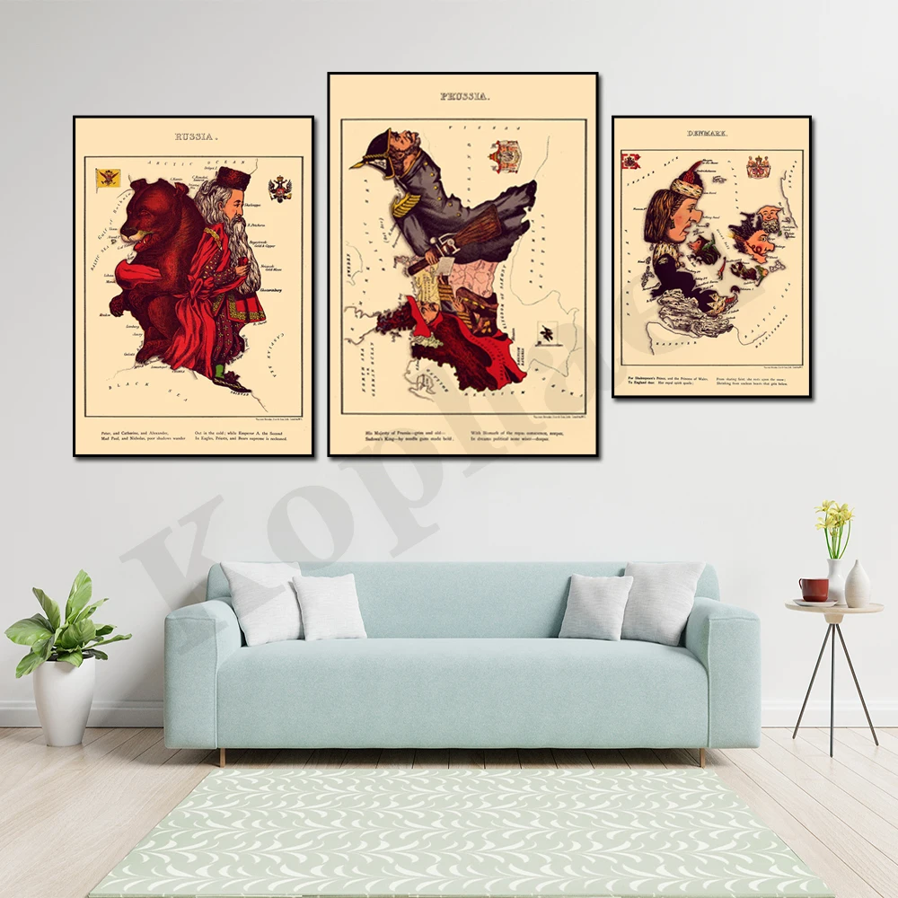 England Scotland Wales Ireland France Italy Germany Prussia Denmark Russia Spain Belgium 1860s Retro Comic Map Poster