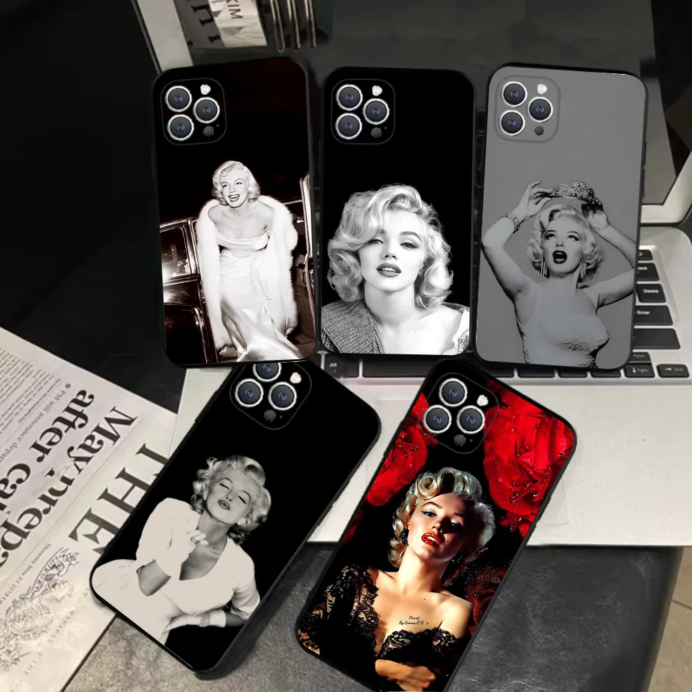 M-Marilyn Monroe Telefoonhoes Voor Iphone 16,15,14,13,12,11,Pro,X, Xs, Max, Xr, Plus,Mini Zachte Zwarte Hoes