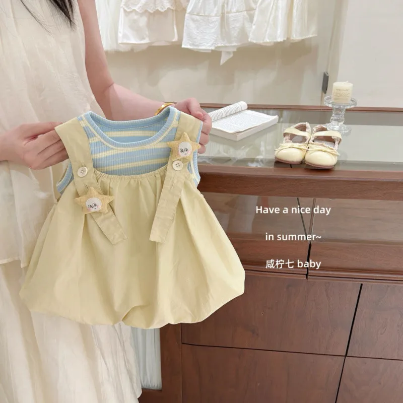 

0 2 4 6Y Girl Baby Set Summer New Cute Children's Striped Tank Top+Strap Dress Two Piece Set