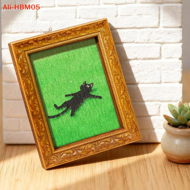 (HB05)Black Cat Lying On Grass Fridge Magnet Vintage Wooden Frame Art With Magnetic Back For Kitchen Refrigerator & Home Decor