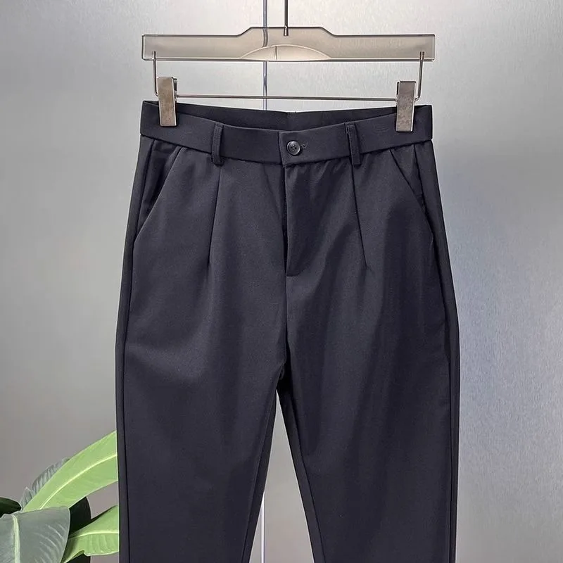 Men's Black Pleated Dress Pants High Waist Button Closure Slim Fit Ankle-Length Trousers Formal Office Casual Daily Pants