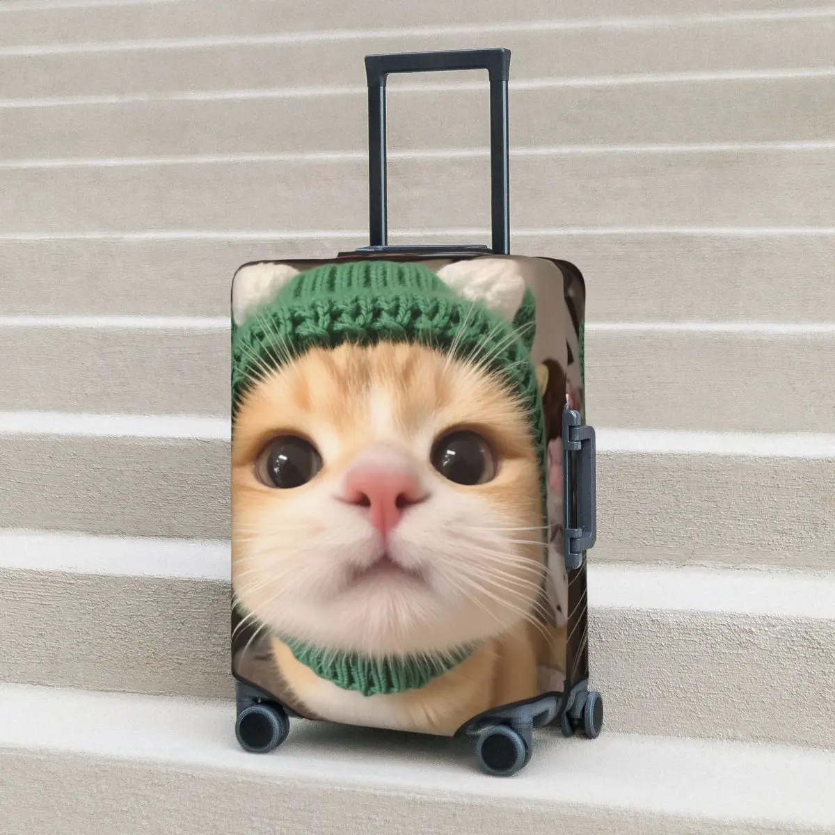 Kawaii Cozy Cat In Green Knit Hat Suitcase Cover Flight Cruise Trip Practical Luggage Supplies Protector