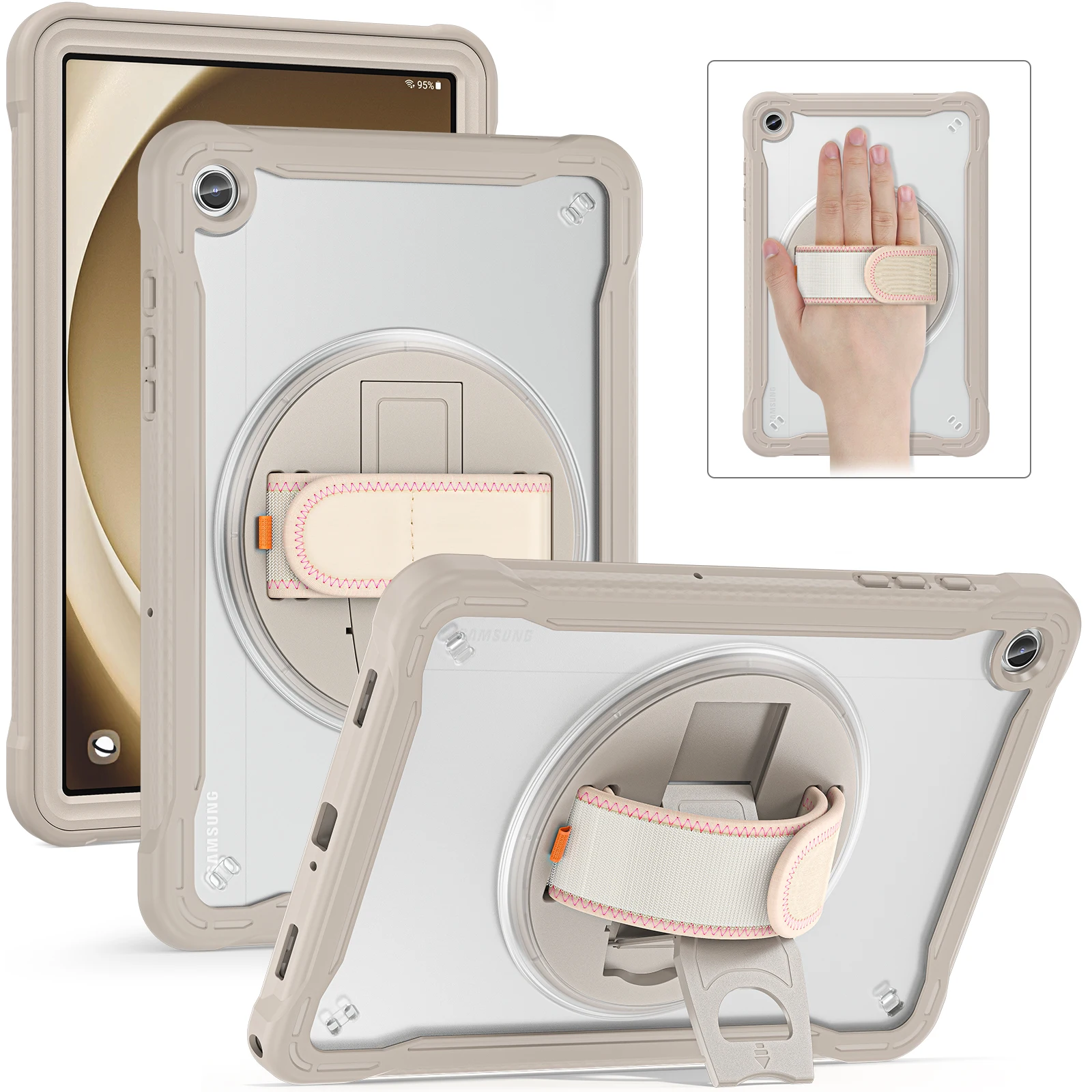 

For Samsung Galaxy Tab A9+ Tablet Case PC+TPU Cover Rotary Kickstand Hand Strap - Khaki