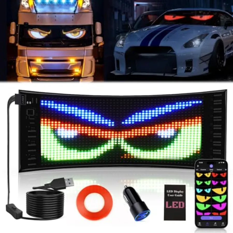 Devil Eyes Light for Car 10.6''x4.7'' Flexible 5V/2A Digital Scrolling Multi Task Loop Playback LED Display Bluetooth APP Contr