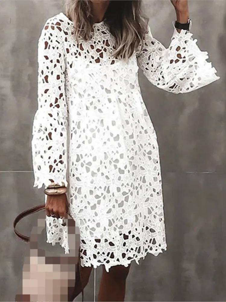 

Women's Autumn New Solid Color Dress Ethnic Style Sexy Lace Hollow Fashion Printed Casual Long Sleeve Knee Length Dress