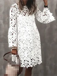 Women's Autumn New Solid Color Dress Ethnic Style Sexy Lace Hollow Fashion Printed Casual Long Sleeve Knee Length Dress