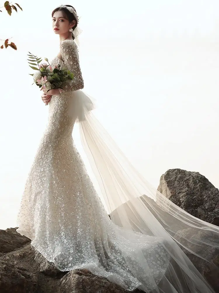 Korea Appliques Mermaid Wedding Dress Vintage Long-sleeve Beading Flowers Wedding Gowns Stunning Sweetheart Formal Dress