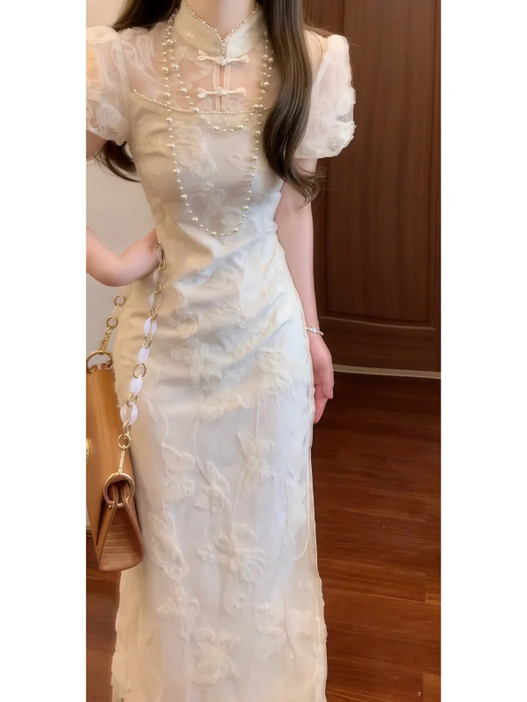 

New Chinese Style Qipao Dress Bodycon Skirt for Important Occasions Summer Season Polyester Fiber Short Sleeve Stand Collar