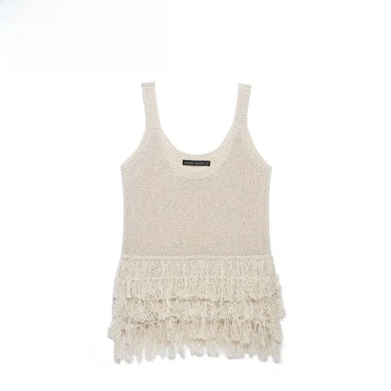 Fashionable Knitted Tassel Trim Women's Top Versatile Elegant Style Loose Fit round Neckline Polyester Fiber Curvy Vest