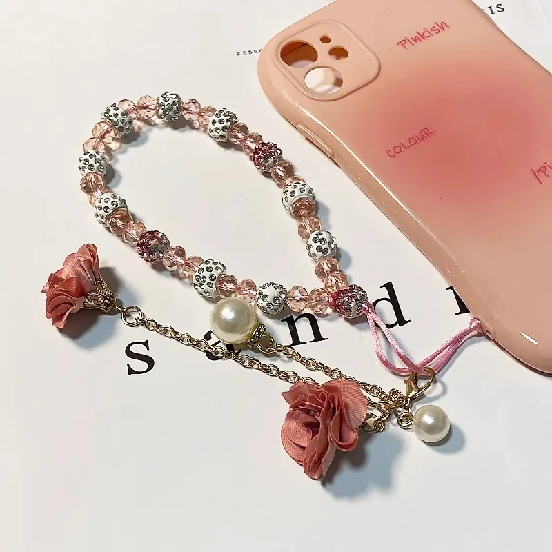 Short Phone Lanyard Creative Gypsum Rose Flower Fully Paved With Artificial Diamonds Bracelet Wrist Rope Artificial Crystal Phon