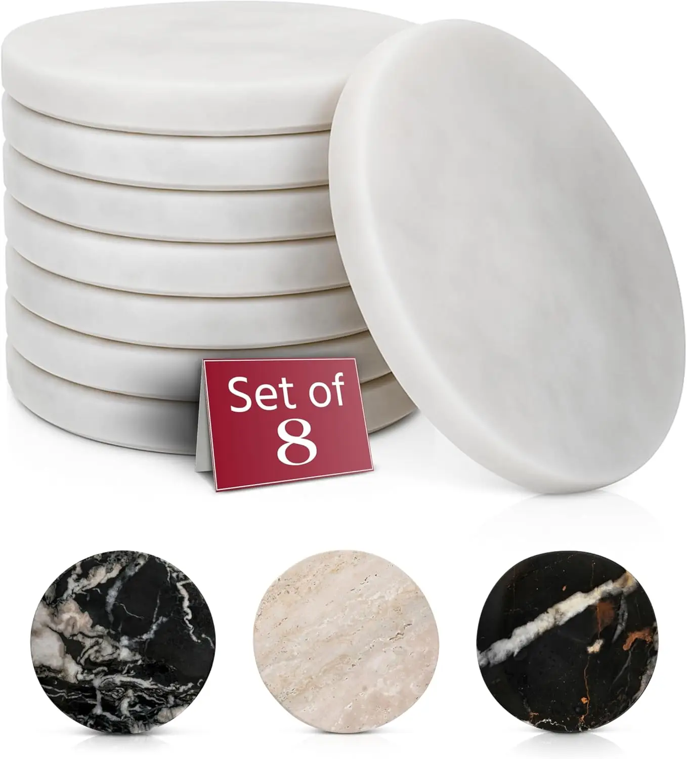 

Set of 8 Natural Marble Coasters with Anti-Slip Backing - Modern Stone Drink Protectors for Kitchen and Living Room
