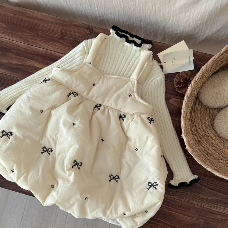 

2025 Winter New Children Sleeveless Warm Dress Bow Embroidery Girls Cotton Padded Dress Kids Casual Dress Baby Girl Strap Dress